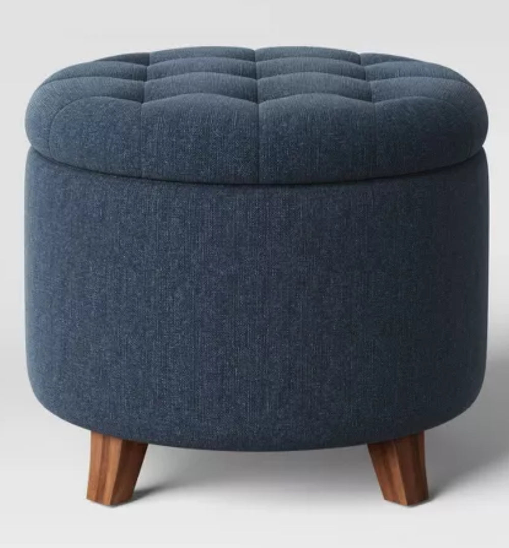 Tufted Round Storage Ottoman Heathered Blue - Threshold: Mid-Century, Hidden Compartment, Wood Legs LPEU853870