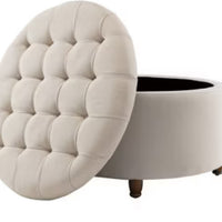 Large Round Tufted Storage Ottoman with Lift Off Lid Cream - WOVENBYRD: Elegant Pintucked, Wood Leg, Polyester Upholstery LPEU854766