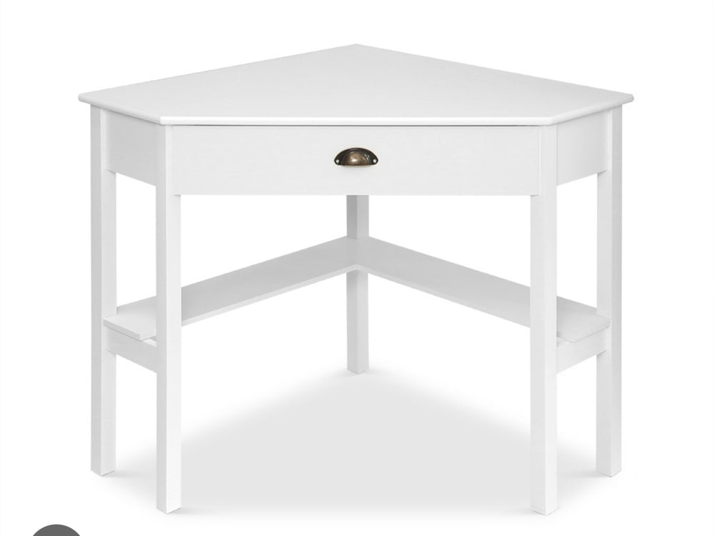 Ellen Wood Small Corner Desk with Wooden Knob Storage Drawer and Shelf – Compact Computer Table for Home Office, Bedroom, or Study (Antique White)