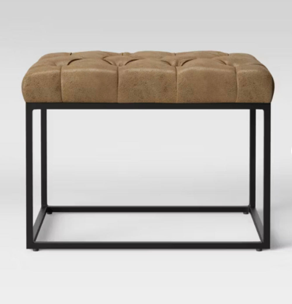 Trubeck Tufted Metal Base Ottoman Faux Leather Brown - Threshold LPEU857739