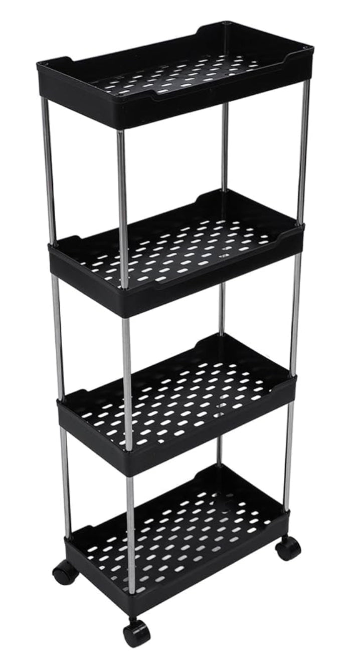 Chariot Roulant à 4 Niveaux, Chariots Utilitaires en Acier Inoxydable et PP avec roulettes, Chariot de Rangement Multifonctionnel pour Bureau, Salon, Cuisine (Black)