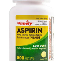 Timely - Low Dose Aspirin 81mg - 500 Tablets - Compared to the active ingredient in Bayer Low Dose - Enteric Coated Low Strength - Pain Reliever for Minor Aches and Pains, Fever Reducer - Made in USA