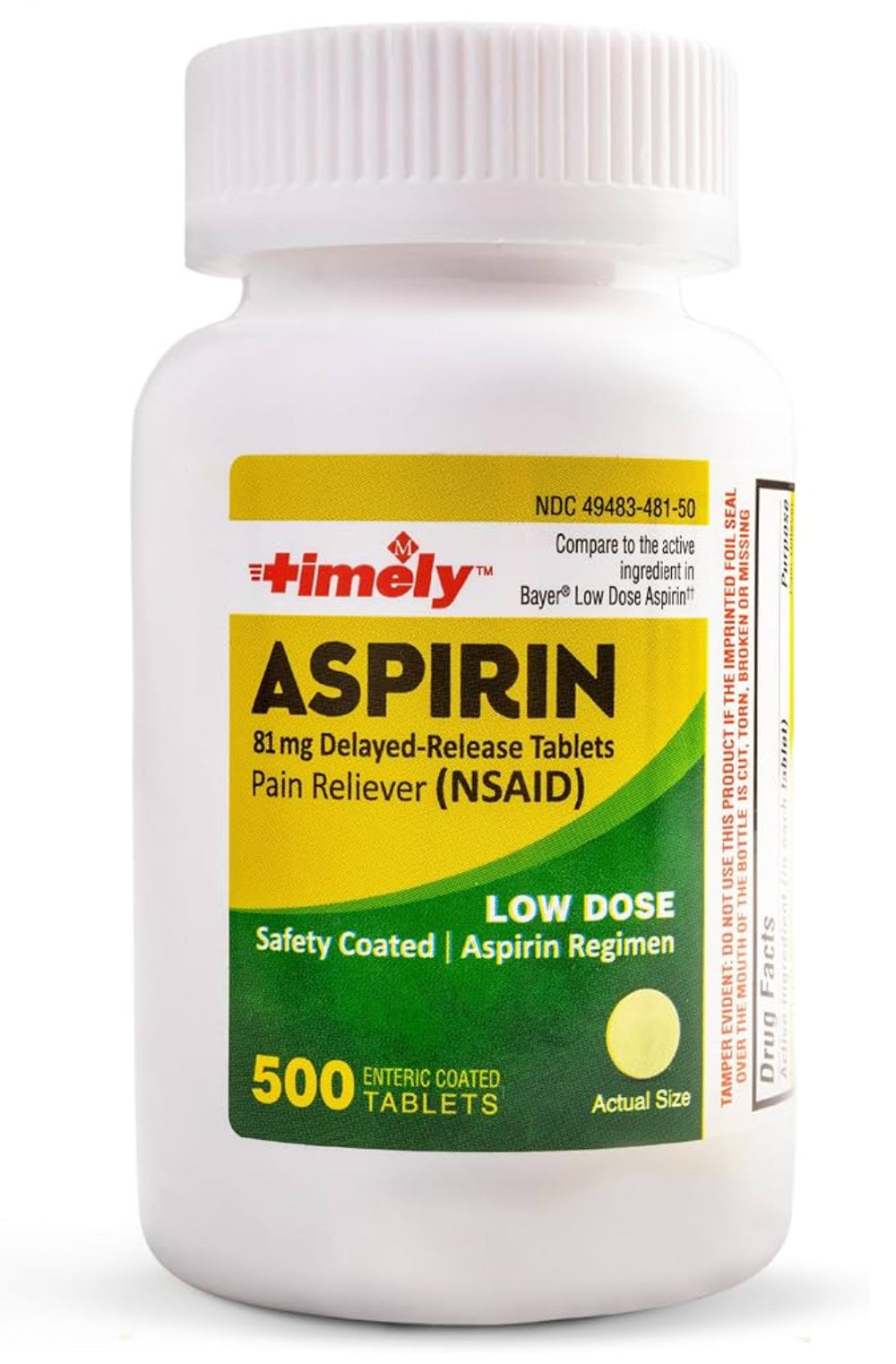 Timely - Low Dose Aspirin 81mg - 500 Tablets - Compared to the active ingredient in Bayer Low Dose - Enteric Coated Low Strength - Pain Reliever for Minor Aches and Pains, Fever Reducer - Made in USA