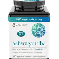Youtheory Ashwagandha 1000 mg avec KSM-66 – Favorise une réponse saine au stress, 180 capsules DLC:06/2027