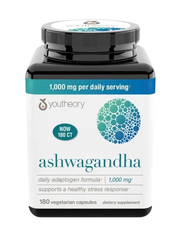 Youtheory Ashwagandha 1000 mg avec KSM-66 – Favorise une réponse saine au stress, 180 capsules DLC:06/2027