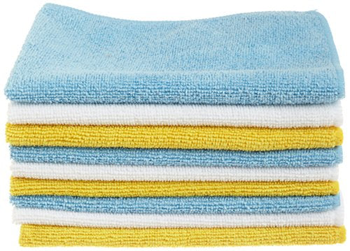 1pk Amazon Basics Microfiber Cleaning Cloth, Non-Abrasive, Reusable and Washable, Blue/White/Yellow, 16