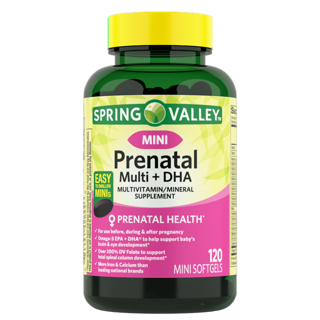 Spring Valley Mini Prenatal Multi + DHA Complete Multivitamin/Multimineral Supplement Mini Softgels,DLC: 01/2027