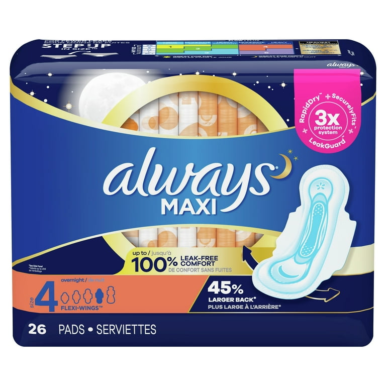 Always Maxi Overnight Pads with Wings, Size 4, Overnight, Unscented, 26 Count