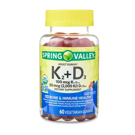 Supplément De Caoutchouc Végétarien Spring Valley K2 D3 Pour La Santé Ôsse Et Immunologique 60 Unités