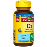 
              Nature Made Extra Strength Vitamin D3 5000 IU (125 mcg) Softgels, Dietary Supplement for Bone and Immune Health Support, 100 Count DLC: SEPT25
            