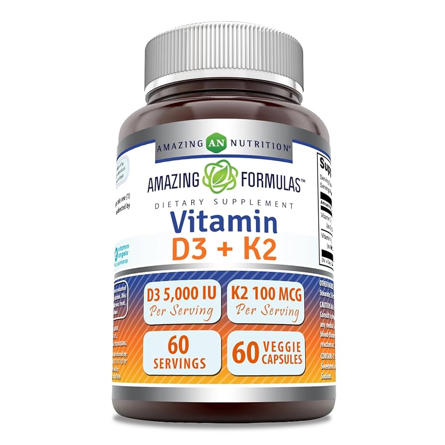 Formules étonnantes : Vitamine D3 5 000 UI avec vitamine K2 100 mcg | Complément complexe D3 + K2 | Capsules végétales | Sans OGM | Sans gluten | Fabriqué aux États-Unis (60 capsules