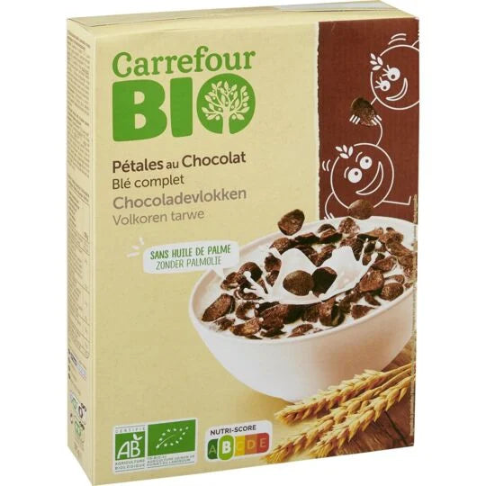Céréales bio pétales au chocolat CARREFOUR BIO la boite de 375g DLC: 02-JAN24