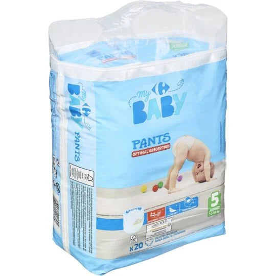 Couches culottes taille 5 junior : 12-18 kg CARREFOUR BABY le paquet de 20