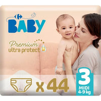 Couches bébé taille 3 : 4-9 kg premium ultra protect CARREFOUR BABY le paquet de 44 couches