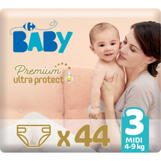 Couches bébé taille 3 : 4-9 kg premium ultra protect CARREFOUR BABY le paquet de 44 couches