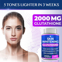 
              Comprimés blanchissants au glutathion - 120 capsules de 2 000 mg de glutathion - Supplément éclaircissant efficace pour la peau - Élimine les taches brunes, le mélasma et les cicatrices d'acné, traite l'hyperpigmentation - Antioxydant anti-âge  04/2027
            