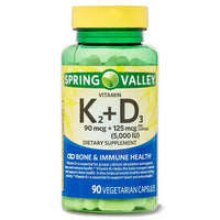 
              Spring Valley Vitamin K2 (90mcg) + D3 (125mcg) Vegetarian Capsules, 90 Count DLC: 10/2026
            