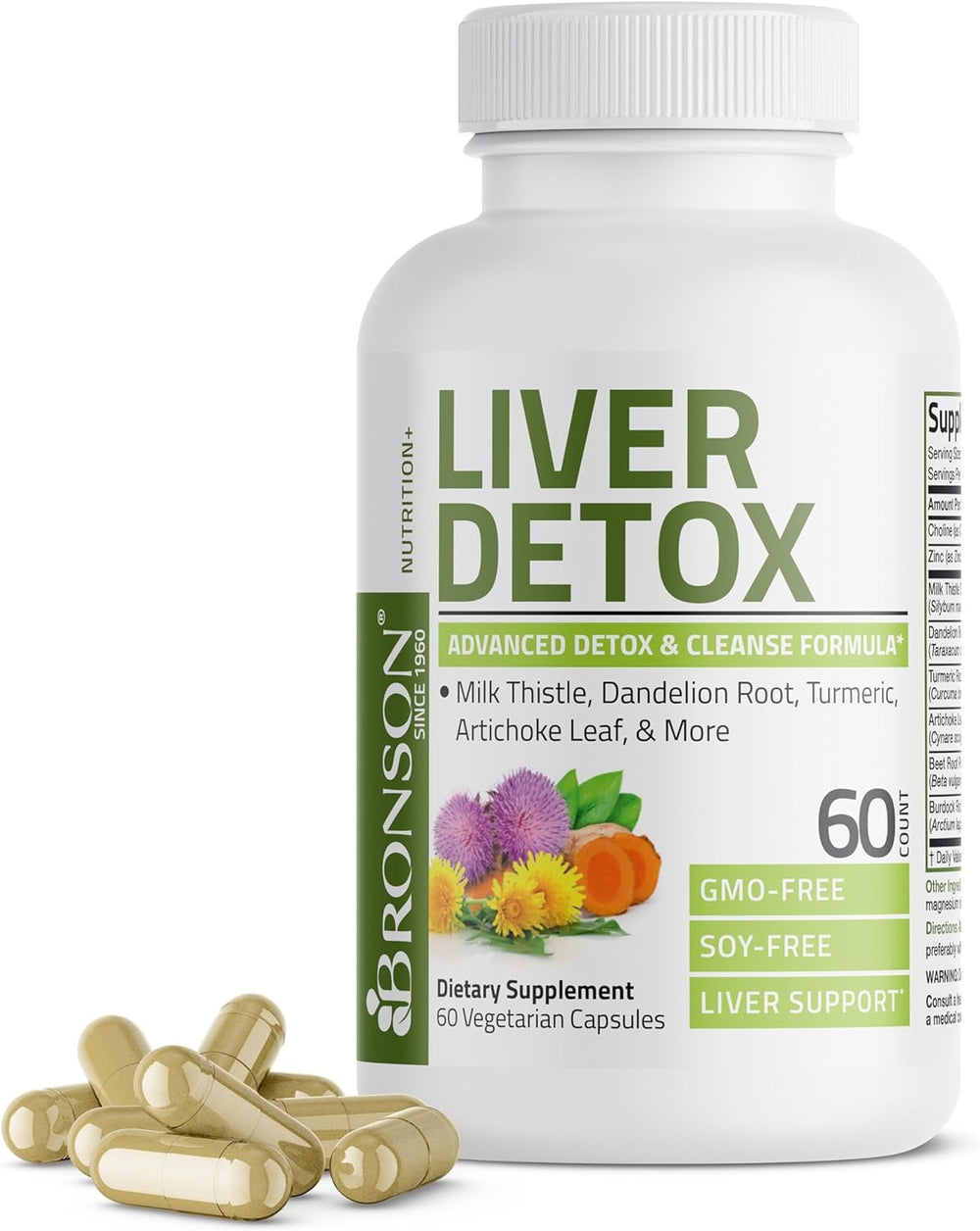 Bronson Liver Detox Advanced Detox & Cleansing Formula Supports Health Liver Function with Milk Thistle, Dandelion Root, Turmeric, Artichoke Leaf & More, Non-GMO, 60 Vegetarian Capsules DLC: 09/26
