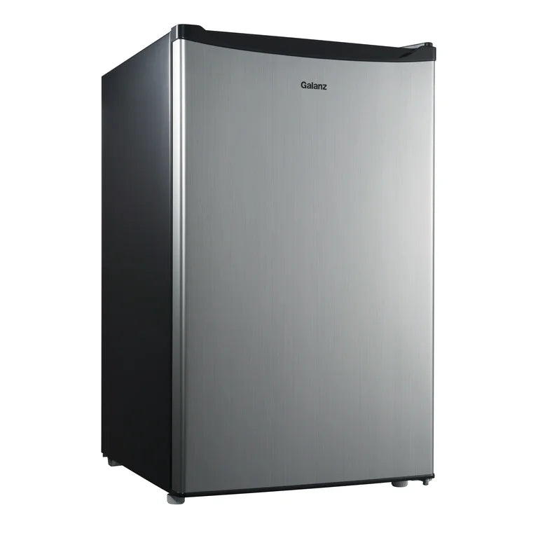 Galanz 4.3 Cu ft Single Door Mini Fridge, Stainless Steel Look, New, Width 19.12