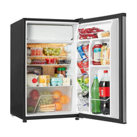 
              Galanz 4.3 Cu ft Single Door Mini Fridge, Stainless Steel Look, New, Width 19.12" inclu transfo
            