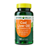 Spring Valley Cod Liver Oil plus Vitamins A and D3 Dietary Supplement Softgels for Immune Health, 100 Count
