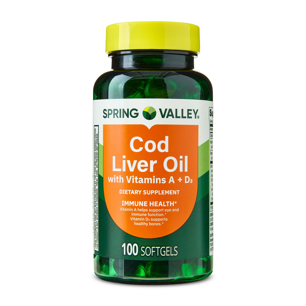 Spring Valley Cod Liver Oil plus Vitamins A and D3 Dietary Supplement Softgels for Immune Health, 100 Count