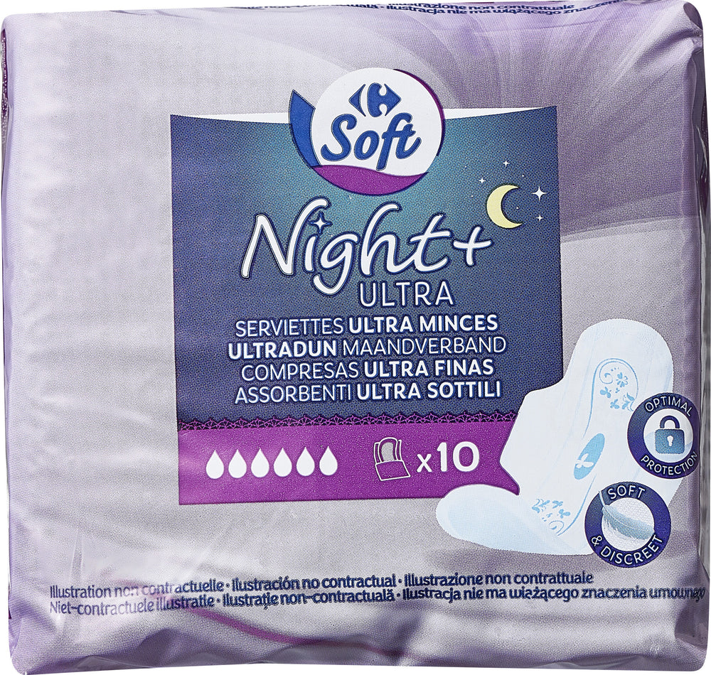 Serviettes hygiéniques nuit CARREFOUR le sachet de 10serviettes