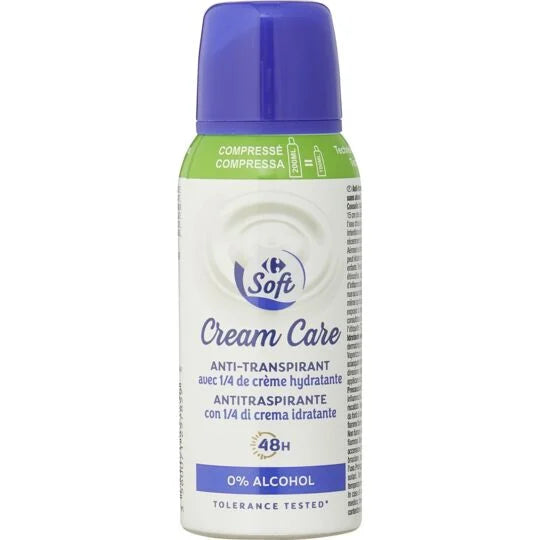 Déodorant Spray 1/4 crème hydratante 48h CARREFOUR SOFT la bombe de 100mL DLC: 03-MAR26