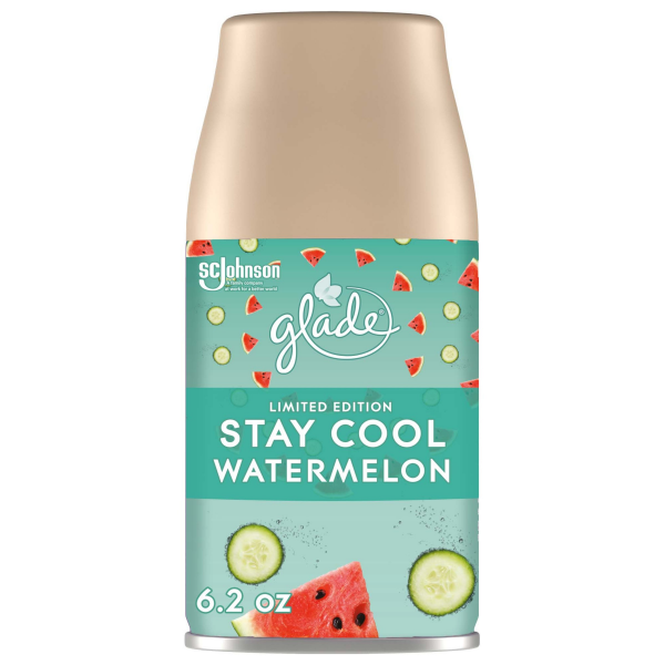 Glade Automatic Spray Refill, Automatic Air Freshener, Stay Cool Watermelon Scent, Infused with Essential Oils, Spring Limited Edition Fragrance, Positive Vibes Collection, 6.2 oz