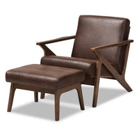 
              Bianca Mid Century Modern Walnut Wood Distressed Faux Leather Ottoman Dark Brown
            