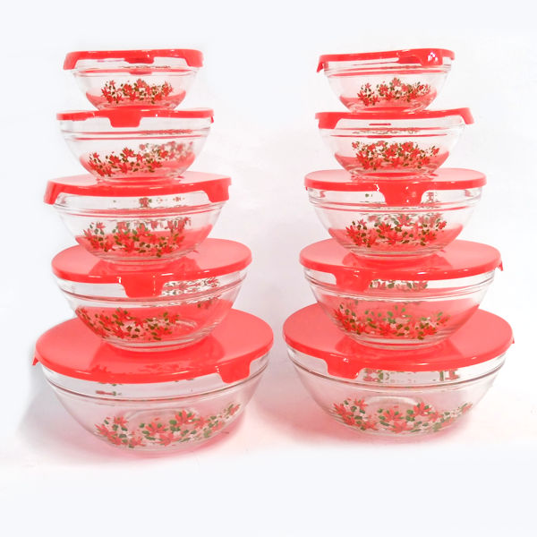 Nested Glass Bowls Set With Poinsettia Design and Red Lids - 5 Pcs