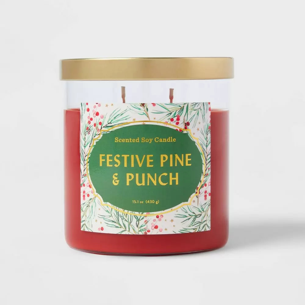 15.1oz Lidded Glass Jar 2-Wick Candle Festive Pine & Punch - Opalhouse