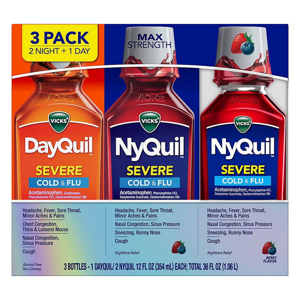 Vicks DayQuil and NyQuil SEVERE Cold & Flu Relief Liquid, Berry Flavor (3 pk., 12 fl.oz./Bottle)