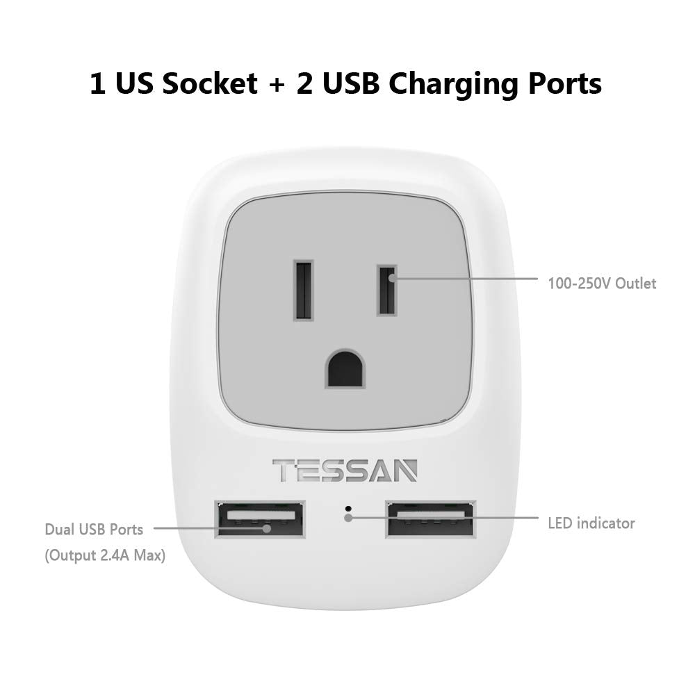 European Travel Plug Adapter, TESSAN International Power Plug with 2 USB