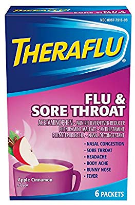 Theraflu Flu & Sore Throat Powder, Apple Cinnamon Flavor, 6 Packets