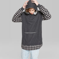 Men's Plaid Long Sleeve Mix Media Hooded Pullover