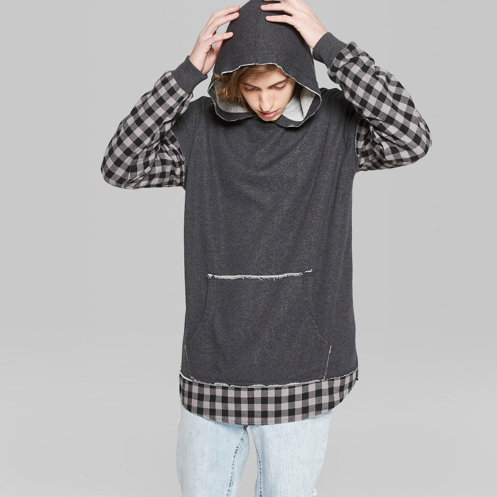 Men's Plaid Long Sleeve Mix Media Hooded Pullover