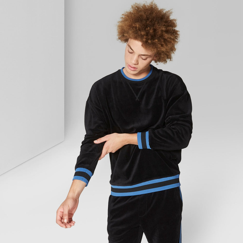 Men's Loose Fit Long Sleeve Velour Crew Pullover S