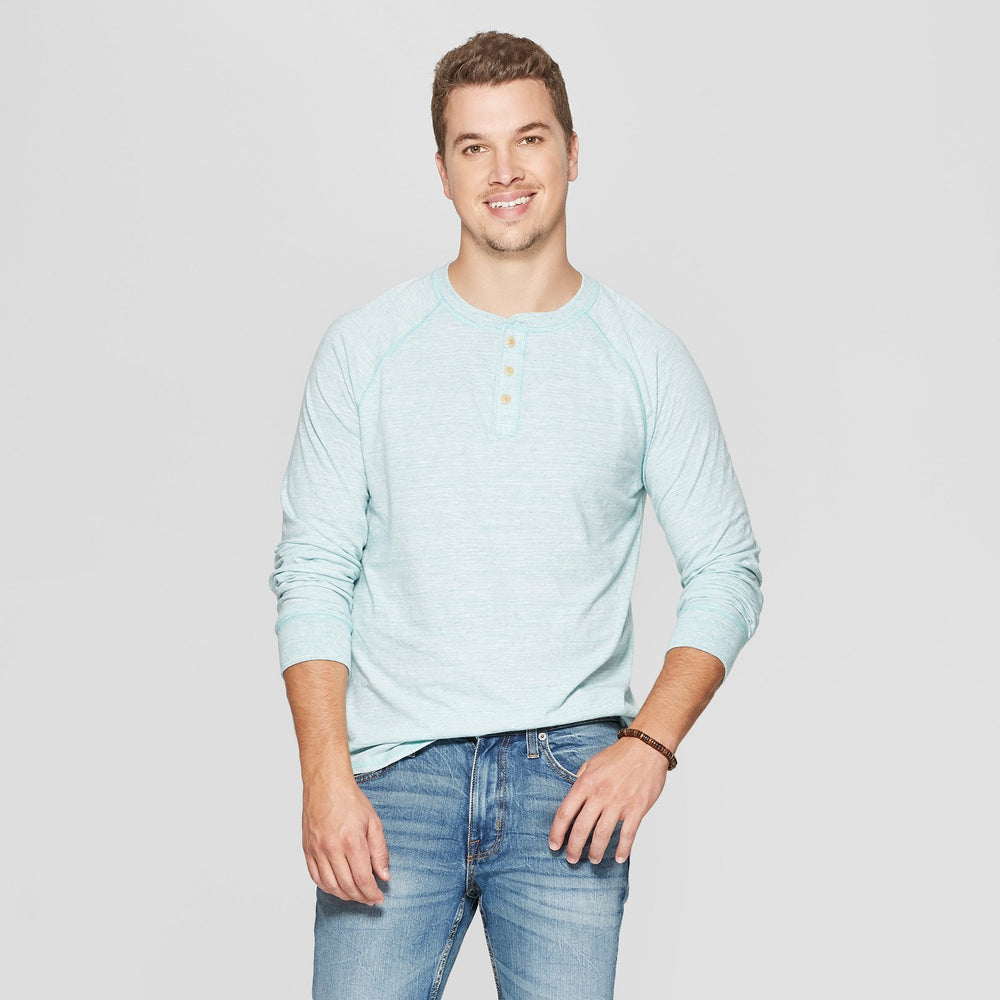 Men's Regular Fit Long Sleeve Jersey Henley Shirt - Goodfellow & Co Bermuda Sea M