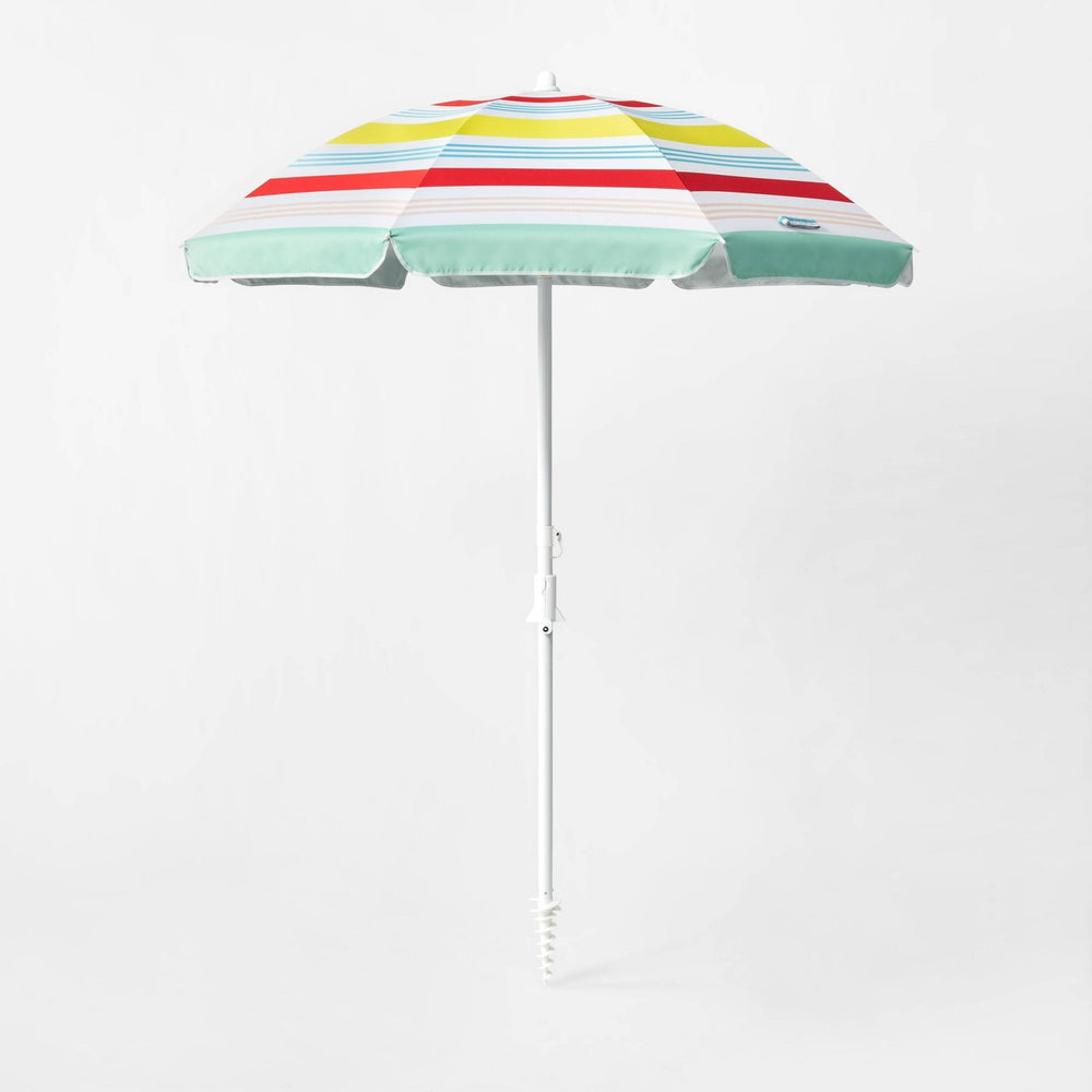 6' Variegated Stripe Beach Umbrella Red/Yellow/Blue - Sun Squad™