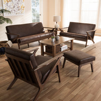 
              Bianca Mid Century Modern Walnut Wood Distressed Faux Leather Ottoman Dark Brown
            