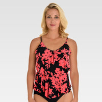 Women's Tiered Printed Tankini Top - Red Floral-Size: L
