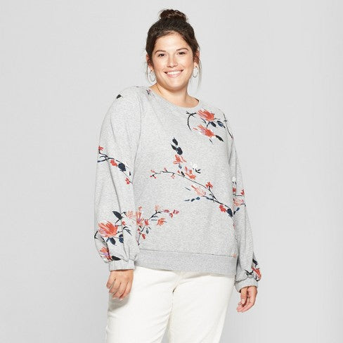 Women's Plus Size Floral Print Balloon Sleeve Pullover