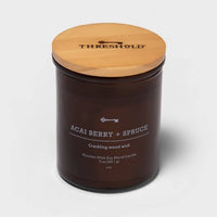 
              9oz Lidded Amber Glass Jar Crackling Wooden Wick Acai Berry and Spruce Candle - Threshold™
            