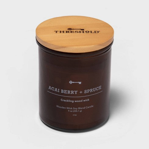 9oz Lidded Amber Glass Jar Crackling Wooden Wick Acai Berry and Spruce Candle - Threshold™