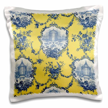 3dRose Garden French Yellow and Blue. Popular Toile Print. -Pillow Case, 16-inch (pc_218087_1)