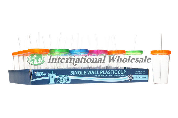 Plastic Cup Single Wall W Straw 24C