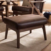 
              Bianca Mid Century Modern Walnut Wood Distressed Faux Leather Ottoman Dark Brown
            