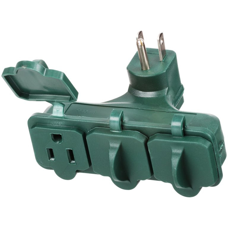 Woods 13270 Green Weatherproof 3-Outlet Adapter Suitable for Outdoor or Indoor Use