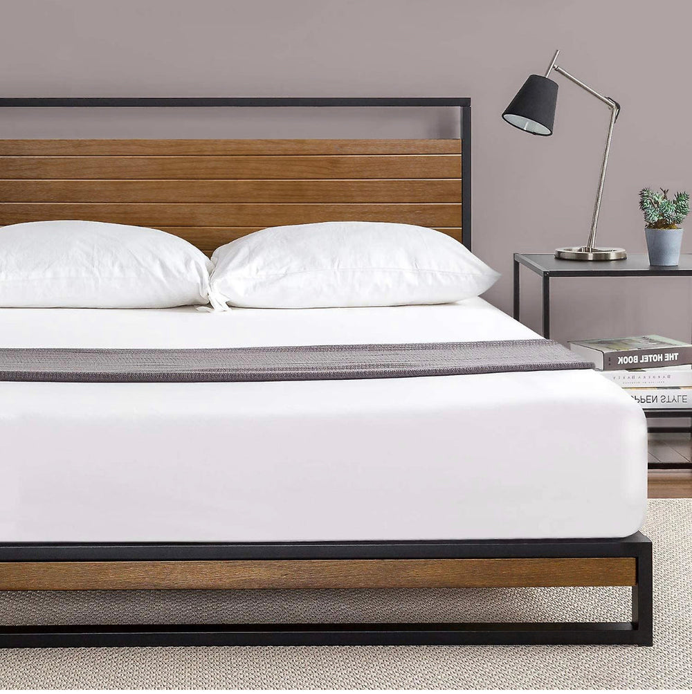 2 places Zinus Suzanne Metal and Wood Platform Bed with Headboard and Footboard, Queen